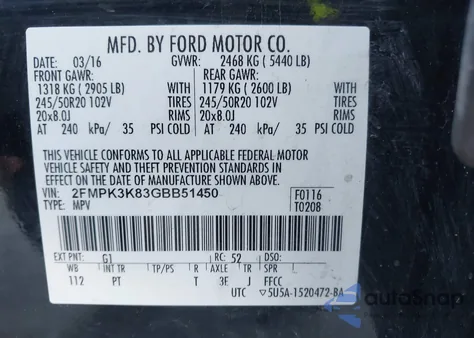 2016 Ford Edge Titanium z USA, uszkodzony, nr VIN 2FMPK3K83GBB51450